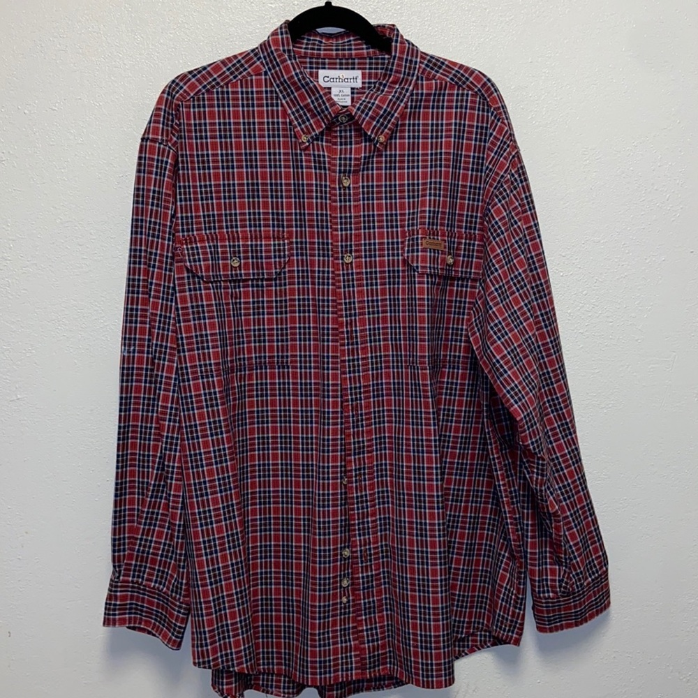 Carhartt Men’s Red Blue Plaid Button‑Down Shirt Long Sleeve Workwear Shirt 4271